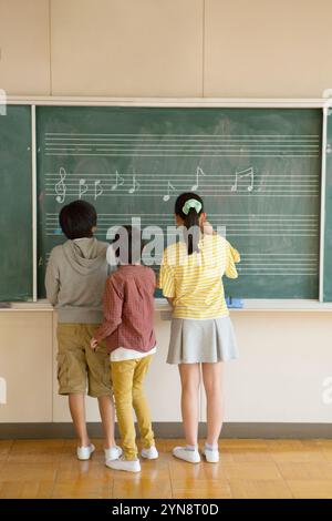 I bambini della scuola elementare disegnano note sul muro della sala musica Foto Stock