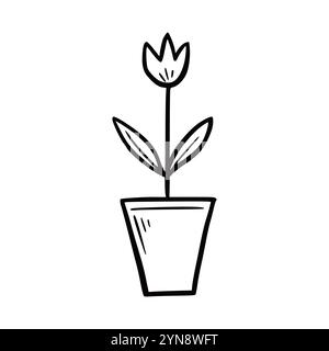 Pianta di fiori trafilata a mano con vaso. Stile di schizzo Doodle. Linea di disegno semplice icona vaso di fiori. Illustrazione vettoriale isolata. Illustrazione Vettoriale