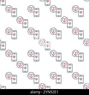 Smartphone con cuore infranto nel concetto di vettore bolla delinea un motivo senza cuciture Illustrazione Vettoriale