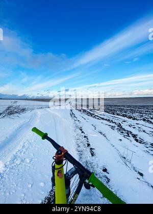 Una vivace mountain bike con manubri verdi e un vasto paesaggio innevato, sotto un cielo azzurro e cristallino. Questa immagine cattura l'essenza di adve Foto Stock