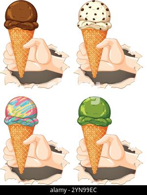 Quattro mani con coni di gelato aromatizzati diversi Illustrazione Vettoriale