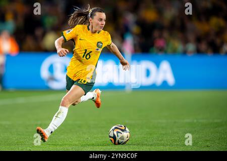 Sydney, Australia. 16 agosto 2023. L'australiana Matilda Hayley Raso è stata vista in azione durante le semifinali della Coppa del mondo FIFA contro l'Inghilterra nel 2023 allo Stadium Australia. Punteggio finale; Inghilterra 3:1 Australia (foto di Olivier Rachon/SOPA Images/Sipa USA) credito: SIPA USA/Alamy Live News Foto Stock