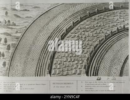 Guerre galliche (58 a.C.-51 a.C.). Assedio di Alesia, 52 a.C. Il climactic scontro militare delle Guerre galliche, combatté intorno all'oppidum gallico (insediamento fortificato) di Alesia nell'odierna Francia, un importante centro della tribù Mandubii. L'esercito romano di Giulio Cesare combatté contro una confederazione di tribù galliche unite sotto la guida di Vercingetorix degli Arverni. Fu l'ultima grande battaglia tra Galli e Romani, ed è considerata una delle più grandi conquiste militari di Cesare. L'esercito romano costruì due linee di fortificazioni: Un muro interno per tenere i Galli assediati dentro e un o Foto Stock