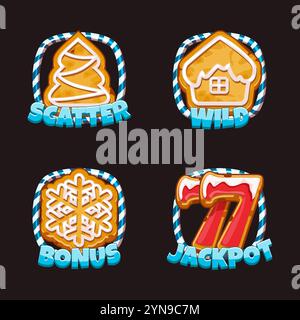 Set di simboli per le slot a tema natalizio: Bonus, Wild, Jackpot e Scatter per la tua slot machine. Biscotti di Natale o Capodanno in cornici di caramelle Illustrazione Vettoriale