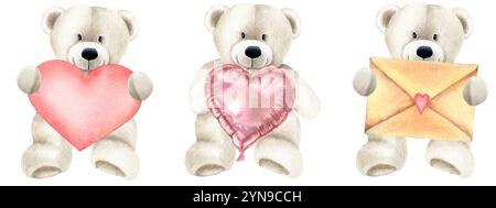 Set di orsacchiotti imbottiti bianchi con cuore di carta rossa, baloon a forma di cuore, busta. Illustrazione ad acquerello disegnata a mano di simpatici peluche su isolati Foto Stock