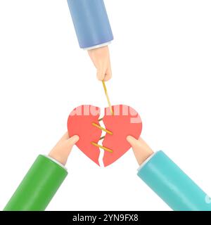 Concetto di riconciliazione. La coppia di cupidi si riconcilia, una corda che collega un cuore spezzato. Ripristinare l'amore. Illustrazione astratta design piatto. Rosso cuore spezzato in h Foto Stock