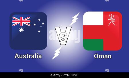 Australia vs Oman 3D Illustration Vector Flags in rettangolo arrotondato ombreggiato con Flash vs Match Illustrazione Vettoriale