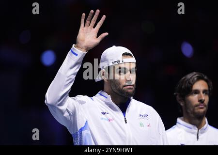 Jannik Sinner prima della Coppa Davis 2024, evento finale di tennis tra Italia e Paesi Bassi il 24 novembre 2024 al Martin Carpena Pavilion di Malaga, Spagna Foto Stock