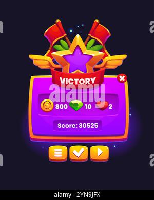 Riquadro del gioco della vittoria, banner o finestra del menu a comparsa. Interfaccia vettoriale con stella d'oro, risorse e flag. Premio per il vincitore. Emblema di apprezzamento, etichetta celebrativa del successo Illustrazione Vettoriale