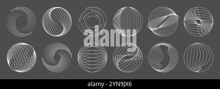 Linee di forme a spirale arrotondate, turbolenza a onda geometrica concentrica. Set vettoriale di cerchi vortici astratti, ondulazioni circolari dinamiche, raffiche radiali sottili, sonar vortici a curva. Motivi di vortice bianchi Illustrazione Vettoriale