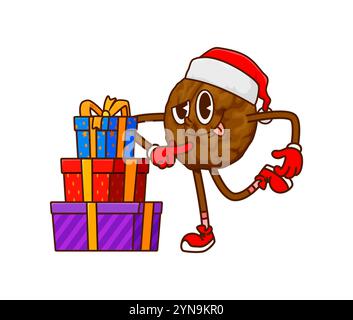 Personaggio cartoni animati natalizi noce con cappello rosso Babbo Natale, guanti e sneakers retrò che presentano con gioia una pila di regali colorati, incarnano il divertimento delle feste e l'allegria durante le festività Illustrazione Vettoriale