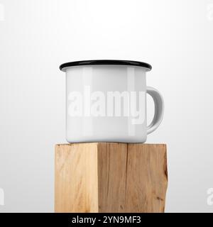 Mockup di tazza in smalto bianco con bordo nero, manico, su trave quadrata in legno vecchio, tazza in metallo su asse testurizzato, per design, branding. Modello di moda Foto Stock