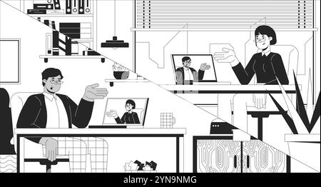 Illustrazione in bianco e nero dei dipendenti remoti per riunioni virtuali Illustrazione Vettoriale