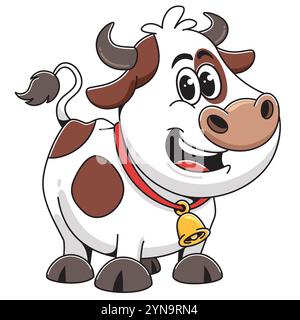 Illustrazione del personaggio della mucca da cartone animato sorridente con campana Illustrazione Vettoriale