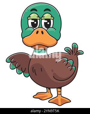 Graziosa anatra al cartone con testa verde e becco arancione Illustrazione Vettoriale