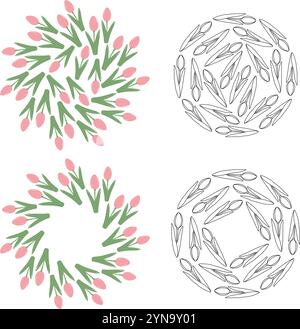 Tulipani colorati e contorni cornici tonde e sfondi circolari primaverili texture Set 4 modelli. Schede illustrative vettoriali isolate, poster, opuscoli, banner, brochure, prezzo, etichetta o promozione web Illustrazione Vettoriale