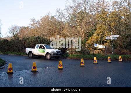 Farnham Common, Regno Unito. 25 novembre 2024. Dopo Storm Bert, Burnham Beeches a Farnham Common, Buckinghamshire rimane chiuso al pubblico mentre i ranger ispezionano il bosco per individuare alberi caduti. Burnham Beeches è molto popolare tra gli appassionati di cani ed è di proprietà della City of London Corporation. Crediti: Maureen McLean/Alamy Live News Foto Stock