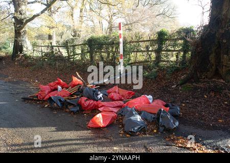 Farnham Common, Regno Unito. 25 novembre 2024. Volo illegale su una strada di campagna a Farnham Common, Buckinghamshire. Chiunque sia stato giudicato colpevole di fly-tipping nel Buckinghamshire nows deve pagare una multa fino a 1.000 sterline. Crediti: Maureen McLean/Alamy Live News Foto Stock