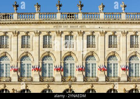 Francia, Meurthe et Moselle, Nancy, facciata del Musée des Beaux Arts de Nancy (museo delle belle arti di Nancy) e terrazza di un caffè in Place Stanislas (piazza Stanislas ex piazza reale) costruito da Stanislas Leszczynski, re di Polonia e ultimo duca di Lorena nel XVIII secolo, patrimonio mondiale dell'UNESCO, opere di ferro di Jean Lamour Foto Stock