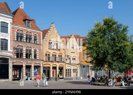 Francia, Nord, Lille, braderie di Lille, facciate di edifici su Louise de Bettignies square Foto Stock