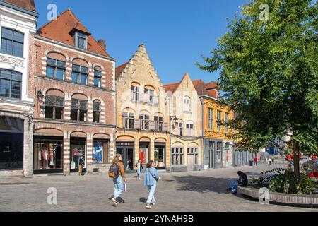 Francia, Nord, Lille, braderie di Lille, facciate di edifici su Louise de Bettignies square Foto Stock