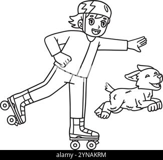 Roller Skating Boy con PET Isolated Coloring Page Illustrazione Vettoriale
