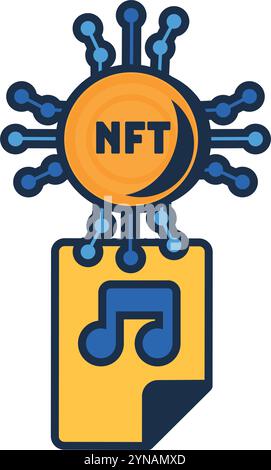 File musicale NFT multicolore. Assegnazione di codice univoco al file multimediale. Creazione di diritti digitali sicuri alla proprietà. Futuristico cartoni animati contorno vettoriale isol Illustrazione Vettoriale