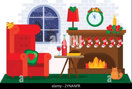 Illustrazione degli interni della casa di Capodanno con caminetto di Natale decorato con calze e giocattoli, un tavolo festivo di Capodanno, una comoda poltrona per la casa, fiocchi e. Illustrazione Vettoriale