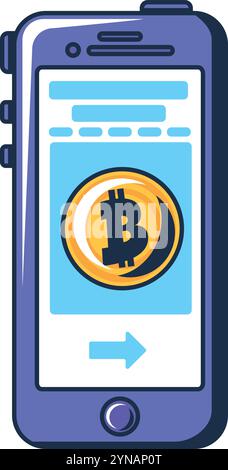 App mobile per criptovalute multicolore. Memorizzazione delle risorse digitali sullo smartphone. Paga gli acquisti con criptovaluta tramite blockchain. Cartoo futuristico Illustrazione Vettoriale