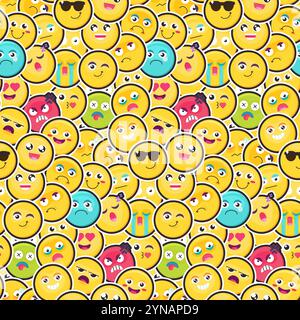 Emoji sorrisi della folla motivo senza cuciture con emoticon e diverse espressioni facciali. Ornamento per la stampa su tessuto, copertina e imballaggio. Vettore Illustrazione Vettoriale