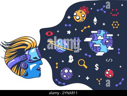 L'utente in occhiali per realtà virtuale guarda a Metauniverse. Strumenti high-tech per realizzare la realtà virtuale. Vettoriale cartoni animati colorato in stile fumettistico futuristico Illustrazione Vettoriale