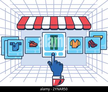 Metaverse shopping online. Interfaccia utente per scegliere l'acquisto nel negozio di realtà virtuale. Cyber consumismo. Vettore di cartoni animati colorati nel fumetto futuristi Illustrazione Vettoriale