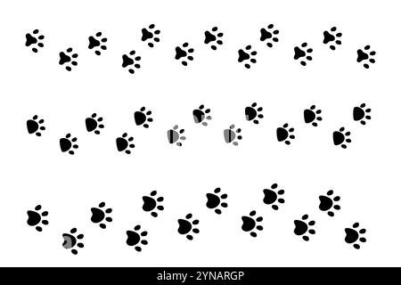 Paw print, Dog or Cat Walk Foot Tracking Border. Sentiero dei passi degli animali domestici. Linea a gradini silhouette semplice. Segni carini su sfondo bianco. Illustrazione vettoriale Illustrazione Vettoriale