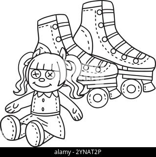 Pattini a rotelle e pagina da colorare isolata per bambola Illustrazione Vettoriale