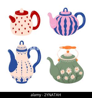 Collezione di teiere colorate con cuori, righe, motivi floreali ed eleganti in stile piatto. Ideale per gli amanti del tè o per gli eleganti arredi della cucina Illustrazione Vettoriale