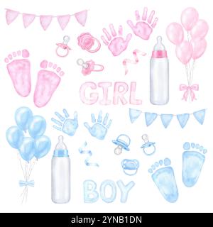 Set da festa per la rivelazione del genere. Neonato, bandiere blu rosa, biberon, succhietto, impronta, impronta a mano, arco, palloncino. Acquerello disegnato a mano Foto Stock