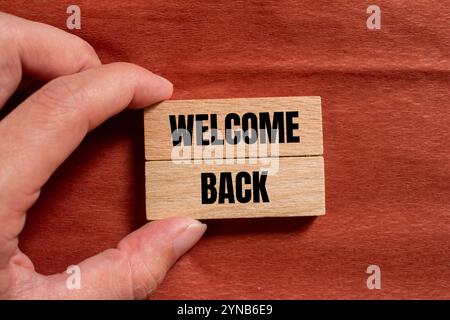 Messaggio di benvenuto scritto su blocchi di legno con sfondo marrone. Simbolo di benvenuto concettuale. Copia spazio. Foto Stock