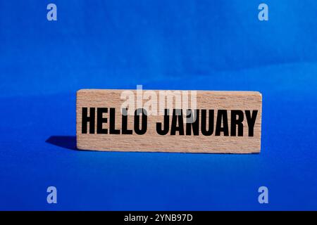 Messaggio di benvenuto di gennaio scritto su un blocco di legno con sfondo blu. Simbolo di benvenuto concettuale di gennaio. Copia spazio. Foto Stock