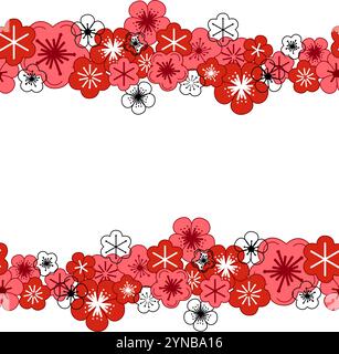 Il motivo floreale estivo orizzontale presenta un bordo senza cuciture con fiori grafici rosa e res. Bordo dell'illustrazione isolato vettore, prato o sfondo floreale f Illustrazione Vettoriale