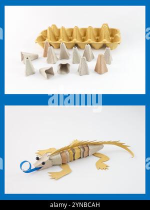 Artigianato Lizard con materiali riciclati, cartoni e cartone per uova, guida passo-passo, eco-compatibile, progetto fai-da-te, colori vivaci, artigianato educativo, fu Foto Stock