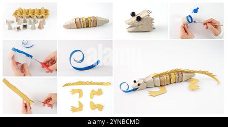 Artigianato Lizard con materiali riciclati, cartoni e cartone per uova, guida passo-passo, eco-compatibile, progetto fai-da-te, colori vivaci, artigianato educativo, fu Foto Stock