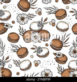 Pasticceria francese con fiori di macaron, fantasia senza cuciture vettoriale Illustrazione Vettoriale