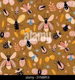 Valvola a farfalla con scarabeo cartoni animati per confezionamento con motivo senza cuciture Illustrazione Vettoriale