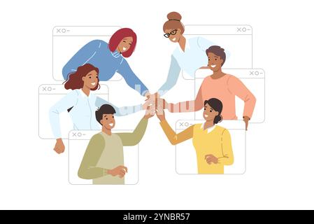Comunità online di uomini e donne che si tengono per mano, guardano fuori dalle finestre web e si uniscono per sinergie Illustrazione Vettoriale