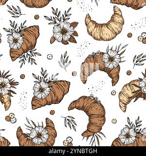Croissant vintage, pasticceria floreale, fantasia senza cuciture Illustrazione Vettoriale