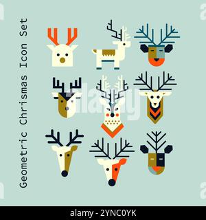 illustrazione dell'icona del volto di cervo geometrico natalizio, set folk carino vettore animale Illustrazione Vettoriale