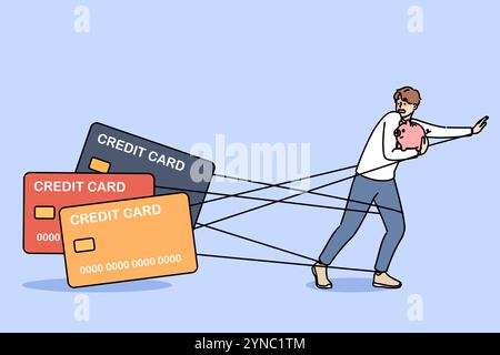 Un debitore è diventato ostaggio di prestiti e sta scappando dalle carte bancarie tenendo in mano il salvadanaio. I problemi di dipendenza del credito sono causati dalla mancanza di libertà di Guy che deve denaro Illustrazione Vettoriale