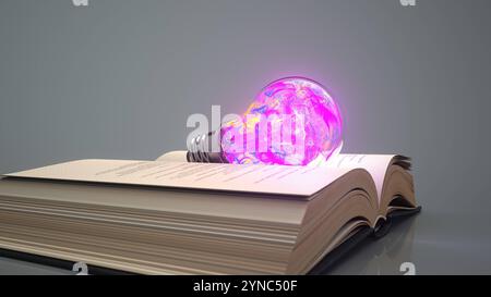 Lampadina illuminante Open Book - illustrazione 3D Open Book con lampadina illuminante. illustrazione 3d. Foto Stock