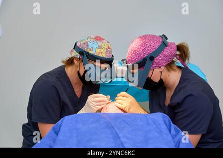 Due chirurghi che eseguono una procedura dettagliata di trapianto di capelli con lenti di ingrandimento Foto Stock