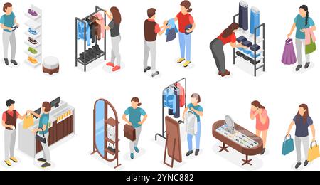 Clienti di abbigliamento isometrici. Abbigliamento, scarpe e accessori in negozio. La gente compra scarpe da ginnastica gonne e borse. Clienti e venditori, un vettore perfetto per lo shopping Illustrazione Vettoriale
